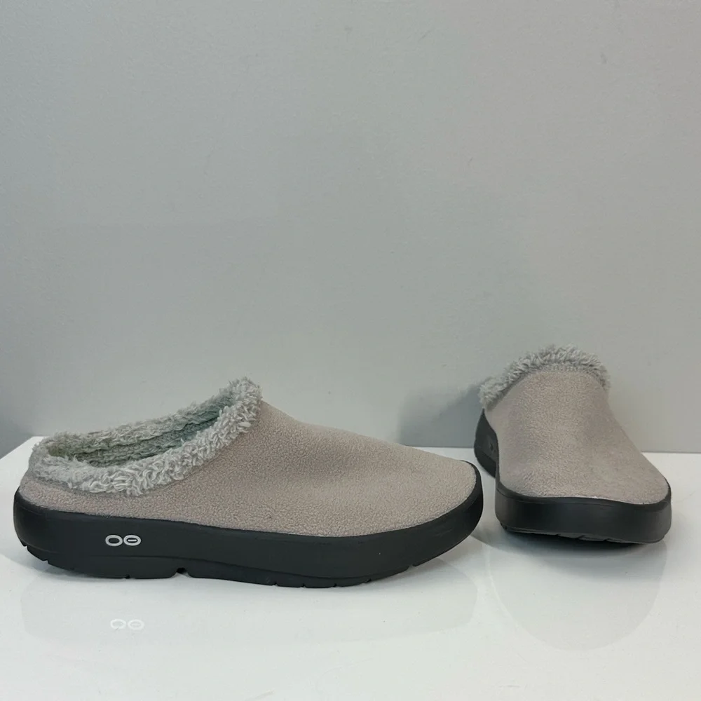 Oofos Oocoozie Mule Gray Sherpa Comfort Recovery Slip On Shoes Size 10